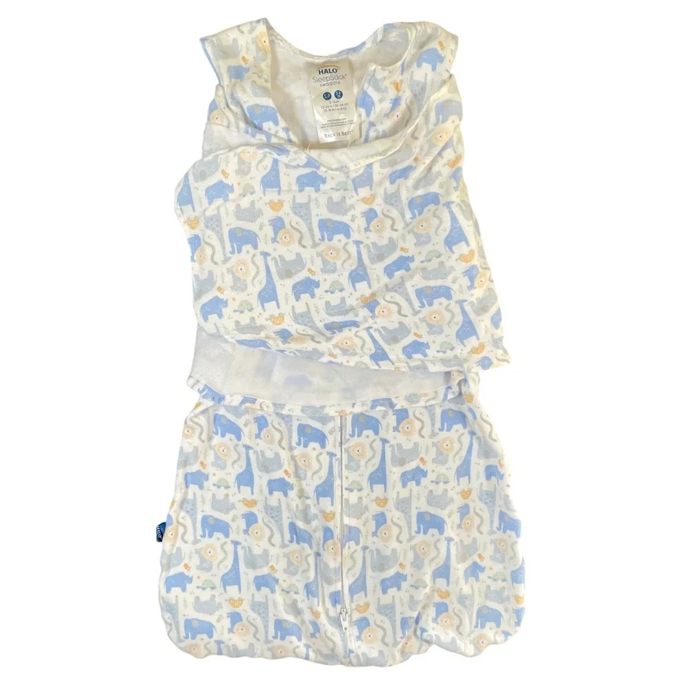 Halo SleepSack Swaddle 3-6M Sml Blue Unisex Safari Animal Elephant Giraffe Lion